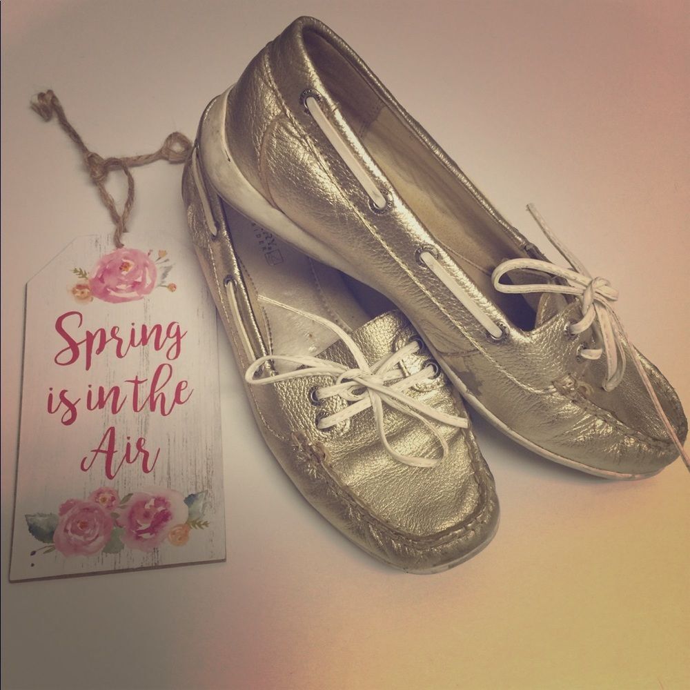 Sperry Women's Metallic Gold Leather Boat Shoes Loafers Size 6.5